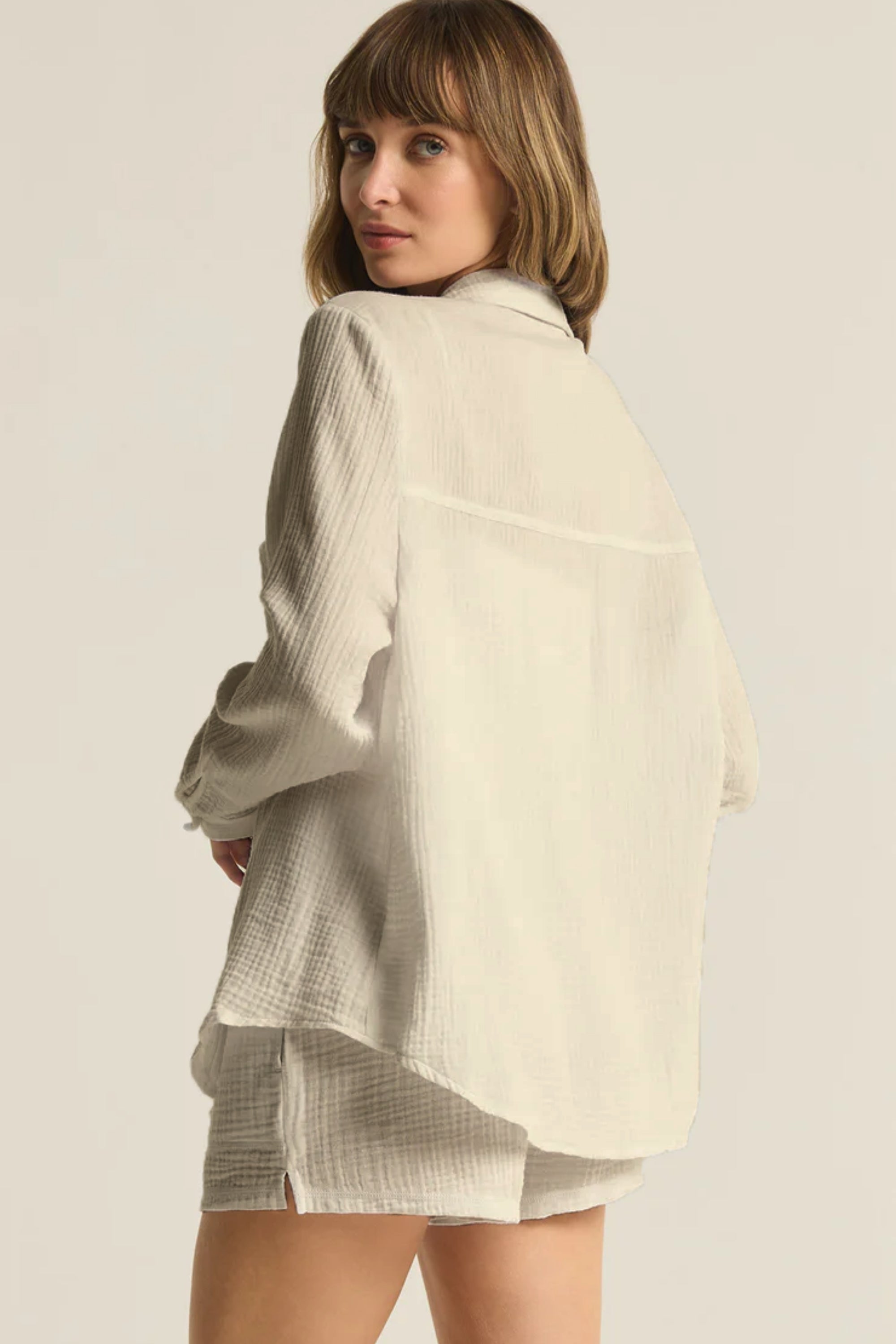 Pamuk Müslin Kadın Gömlek ve Lastikli Şort Seti - 2 Kat Müslin Kumaş - Günlük, Plaj