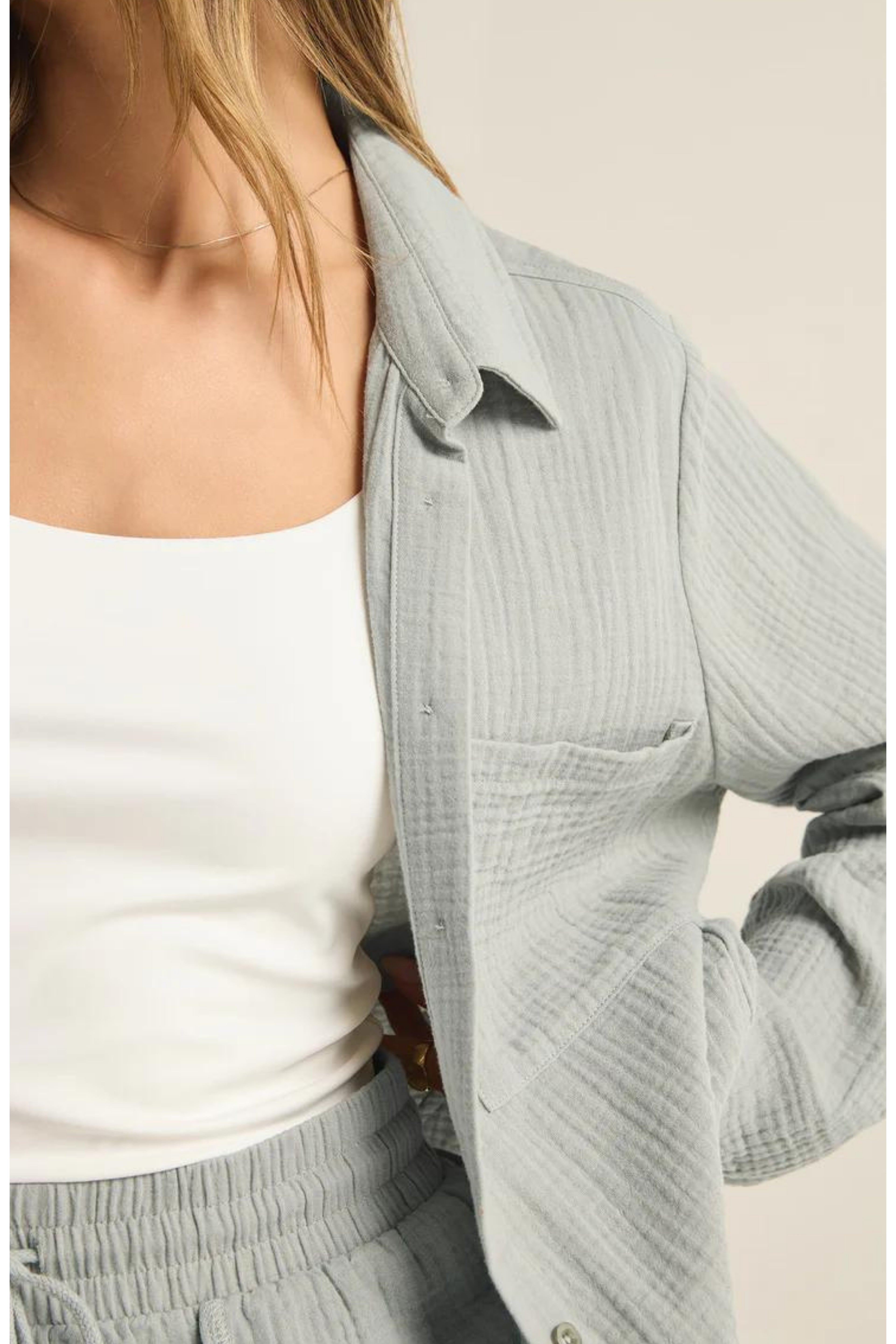 Pamuk Müslin Kadın Gömlek ve Lastikli Şort Seti - 2 Kat Müslin Kumaş - Günlük, Plaj