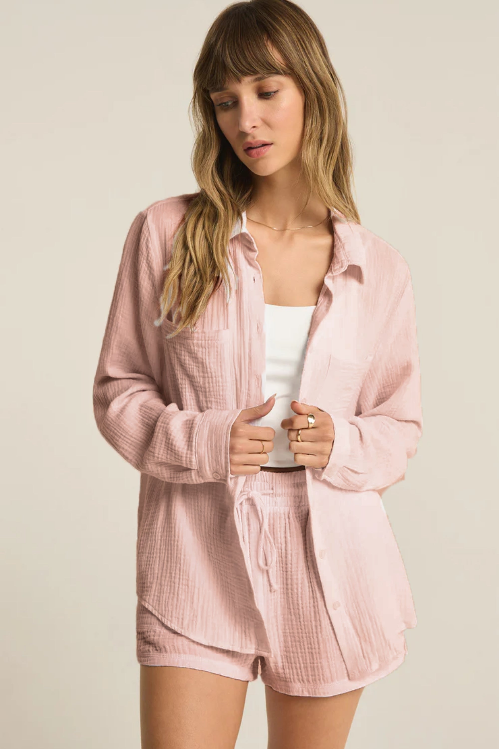 Pamuk Müslin Kadın Gömlek ve Lastikli Şort Seti - 2 Kat Müslin Kumaş - Günlük, Plaj