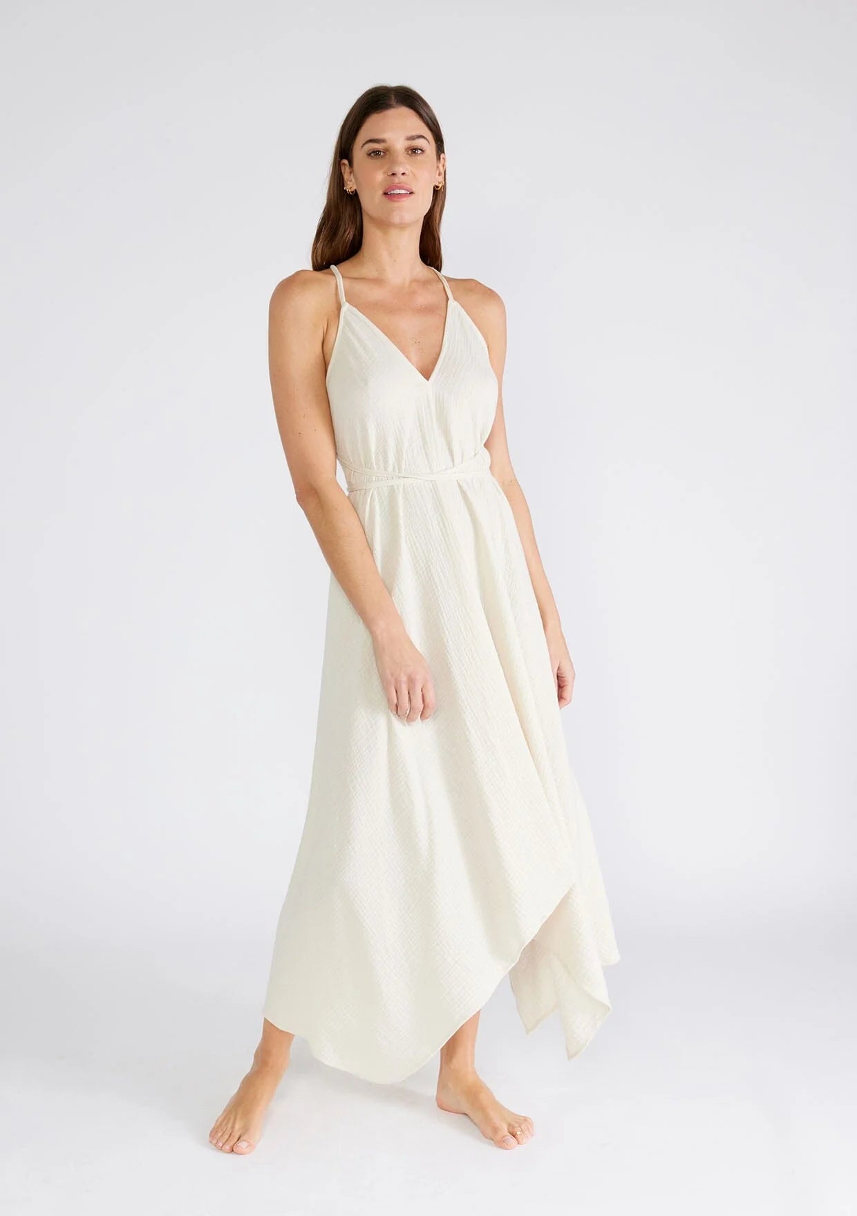 Kadın V Yaka Müslin Elbise-Çapraz Bağlamalı-2 Kat Müslin Kumaş, %100 Pamuk – Yazlık, Günlük, Plaj.