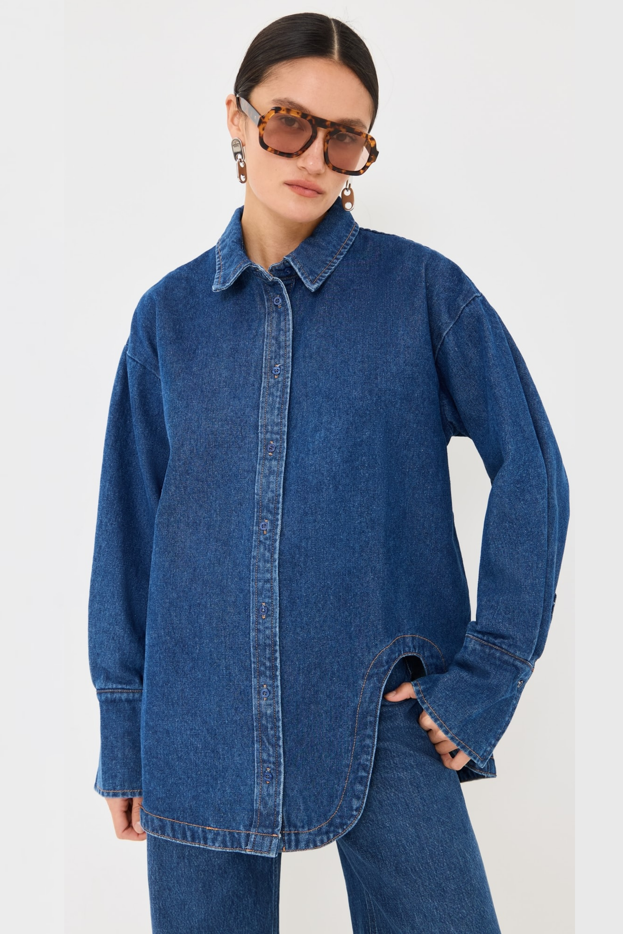 Koyu Mavi Regular Kalıp Gömlek & Bol Paça Pantolon Denim Takım.