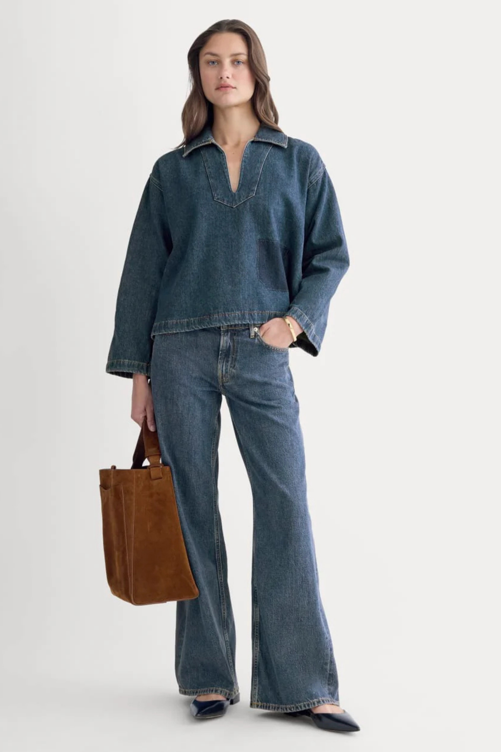 V Yaka Yama Cep Detaylı Oversize Denim Üst - Yıkamalı Kot Üst.