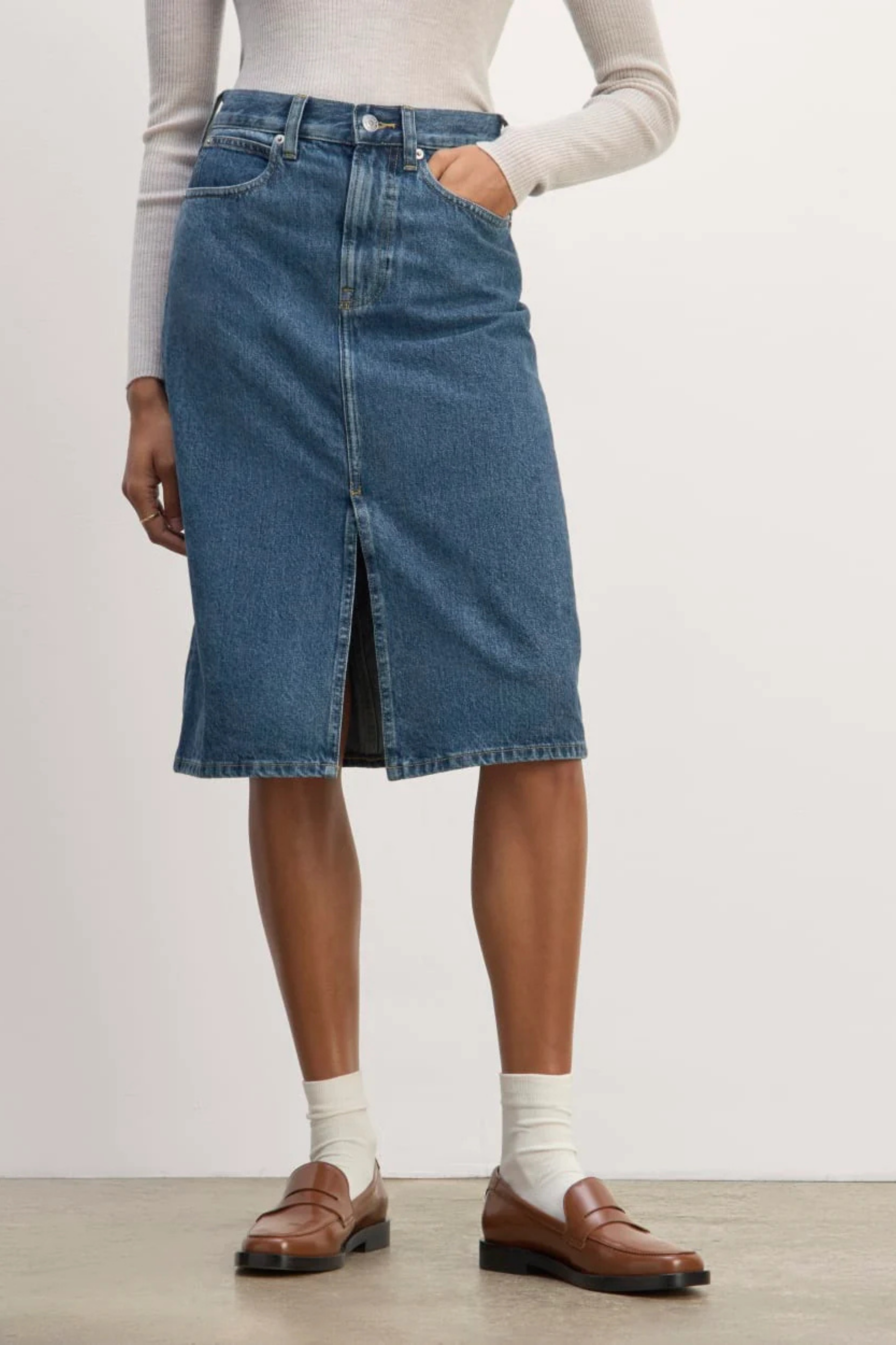 Yırtmaç Detaylı Yüksek Bel Midi Denim Etek - Klasik Mavi Midi Kot Etek.