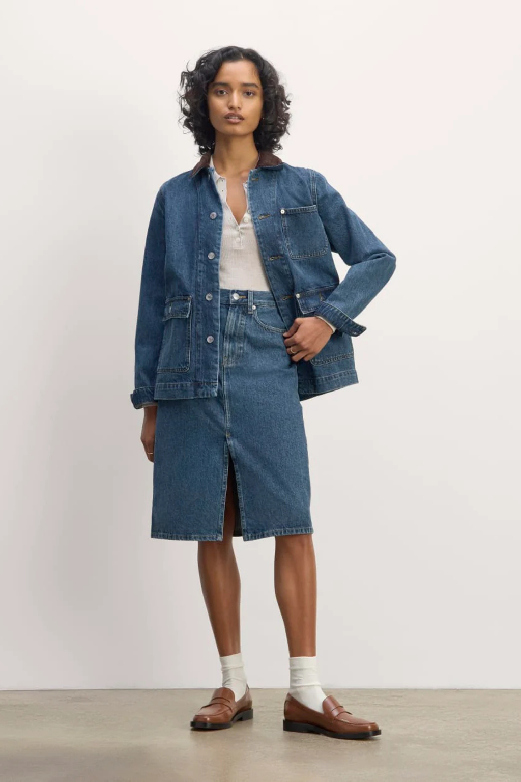 Yırtmaç Detaylı Yüksek Bel Midi Denim Etek - Klasik Mavi Midi Kot Etek.