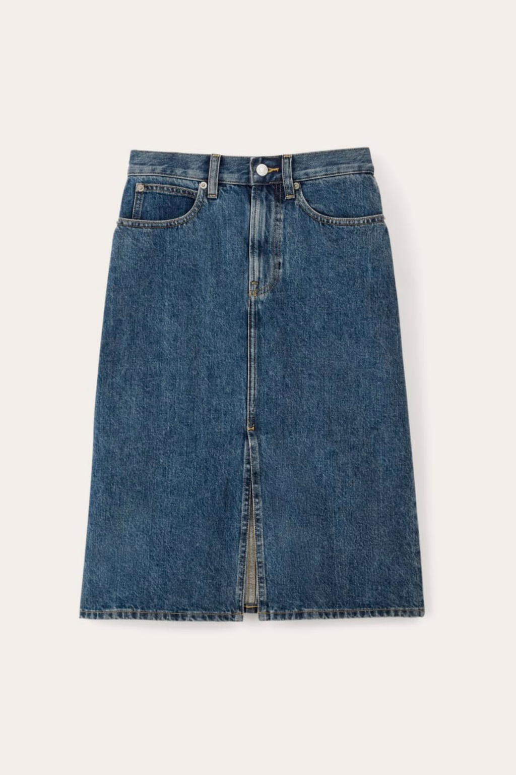 Yırtmaç Detaylı Yüksek Bel Midi Denim Etek - Klasik Mavi Midi Kot Etek.