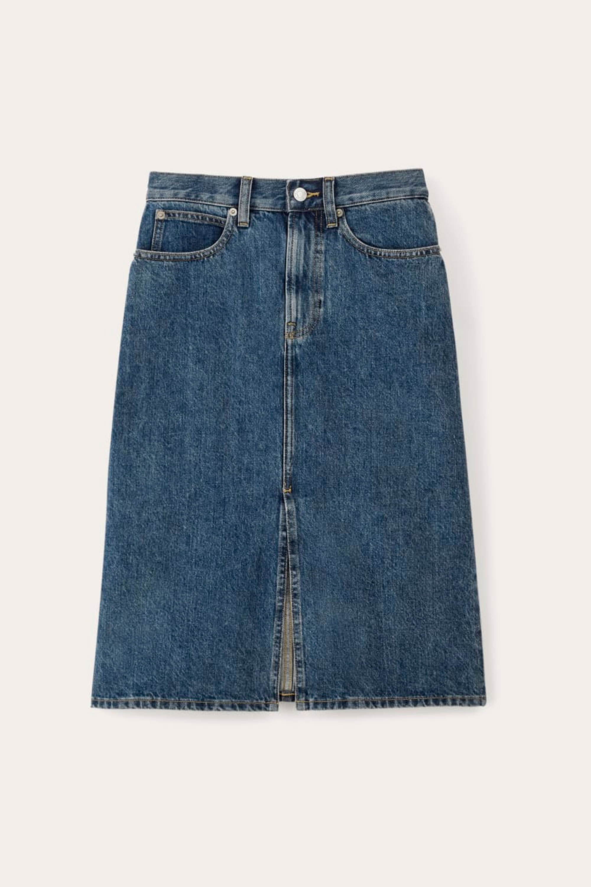 Yırtmaç Detaylı Yüksek Bel Midi Denim Etek - Klasik Mavi Midi Kot Etek.