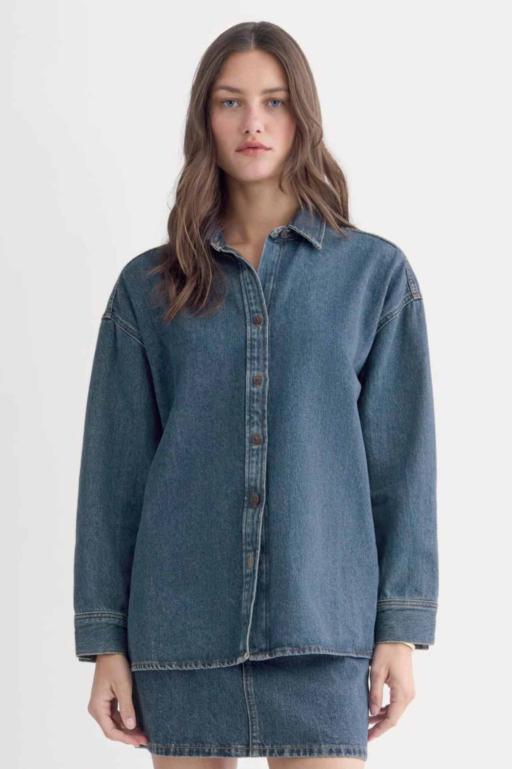 Oversize Gömlek & Mini Etek İkili Denim Takım - Modern Kesim İkili Kot Takım (Gömlek-Etek).