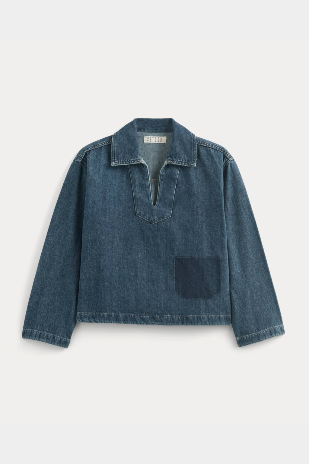 V Yaka Yama Cep Detaylı Oversize Denim Üst - Yıkamalı Kot Üst.