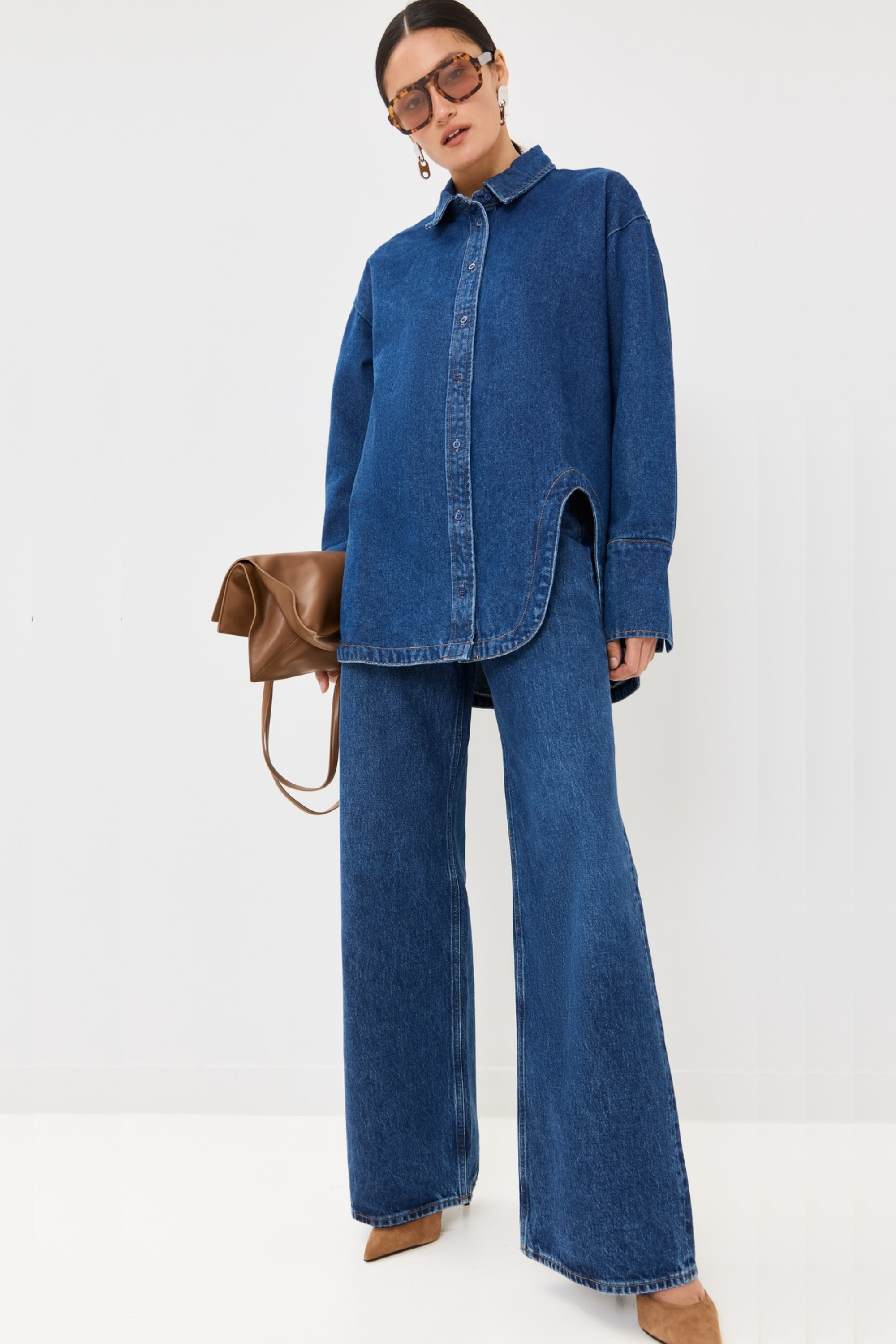 Koyu Mavi Regular Kalıp Gömlek & Bol Paça Pantolon Denim Takım.