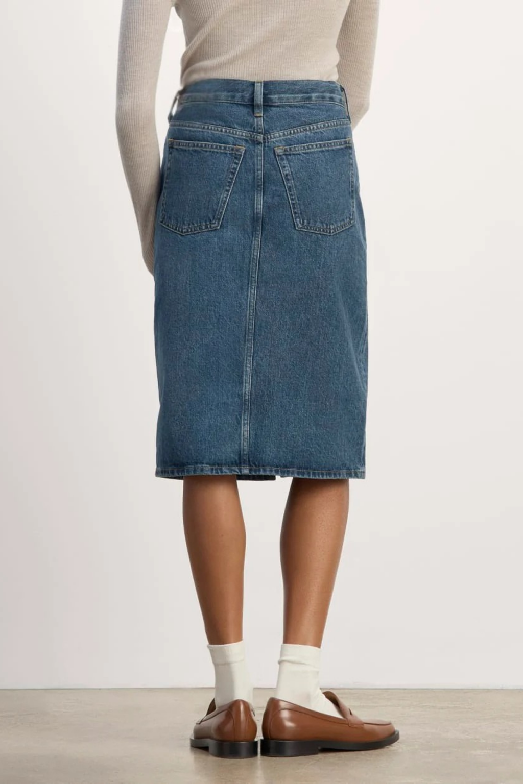 Yırtmaç Detaylı Yüksek Bel Midi Denim Etek - Klasik Mavi Midi Kot Etek.