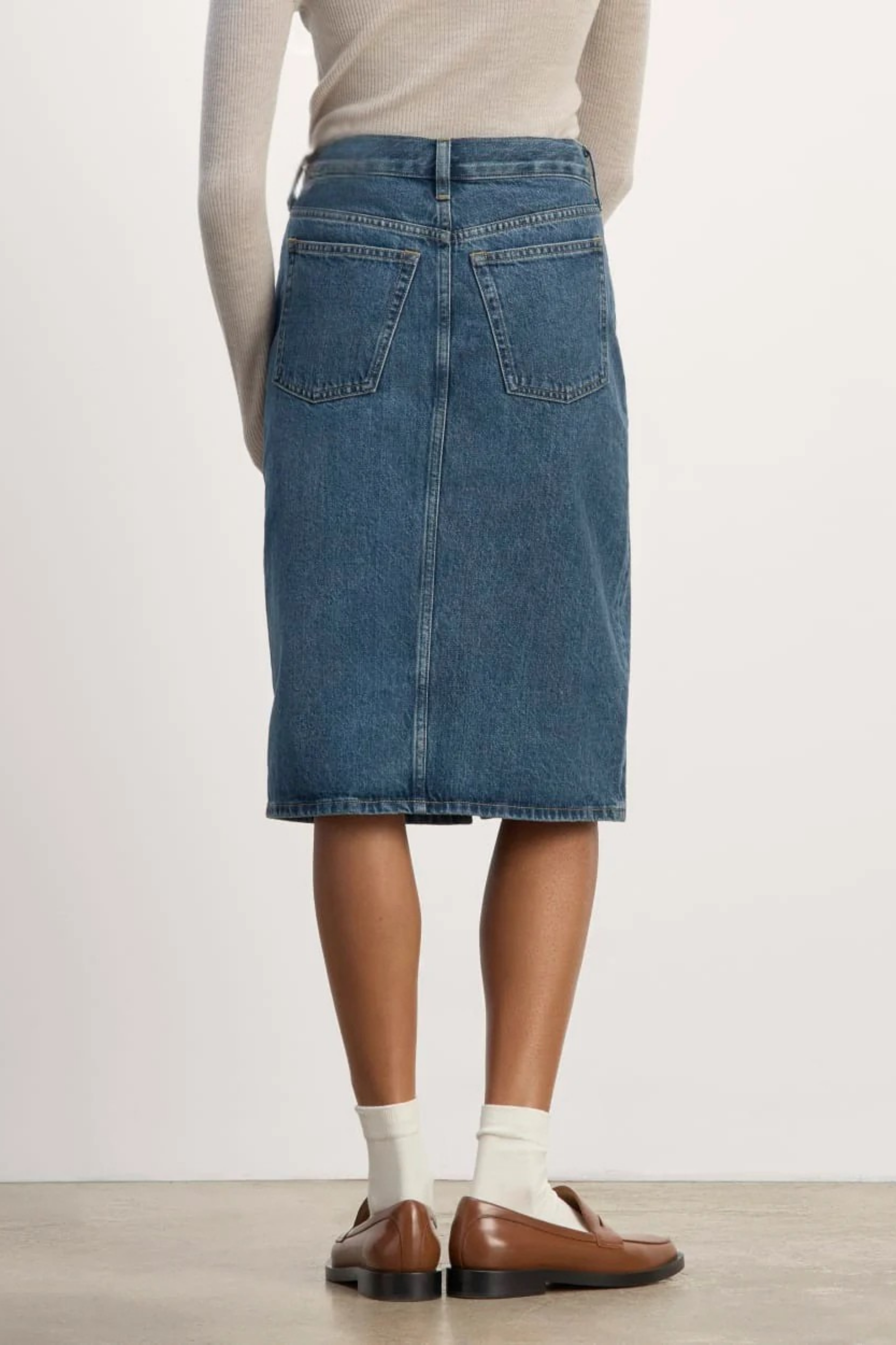 Yırtmaç Detaylı Yüksek Bel Midi Denim Etek - Klasik Mavi Midi Kot Etek.