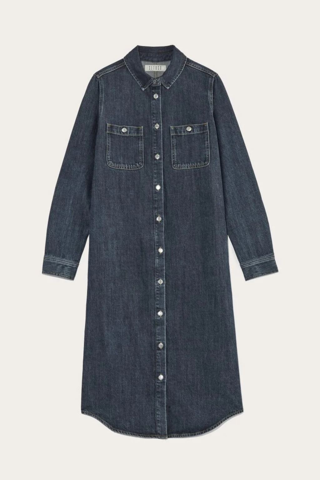 Koyu İndigo Metal Düğmeli Midi Denim Gömlek Elbise - Modern Kesim Koyu Yıkama Kot Gömlek Elbise.