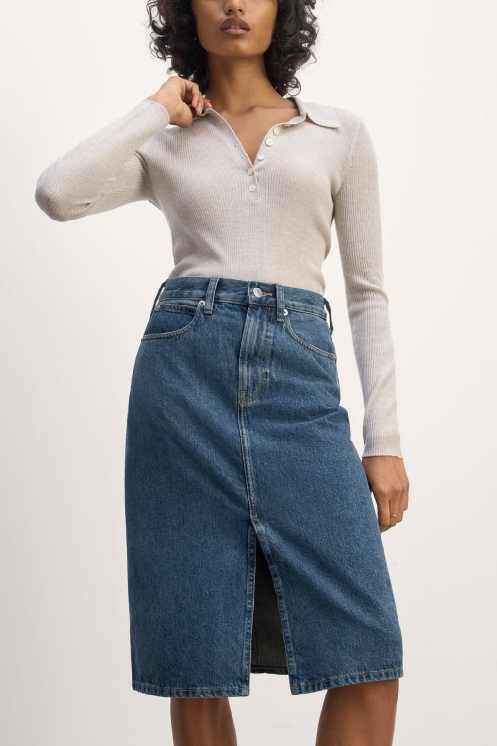 Yırtmaç Detaylı Yüksek Bel Midi Denim Etek - Klasik Mavi Midi Kot Etek.