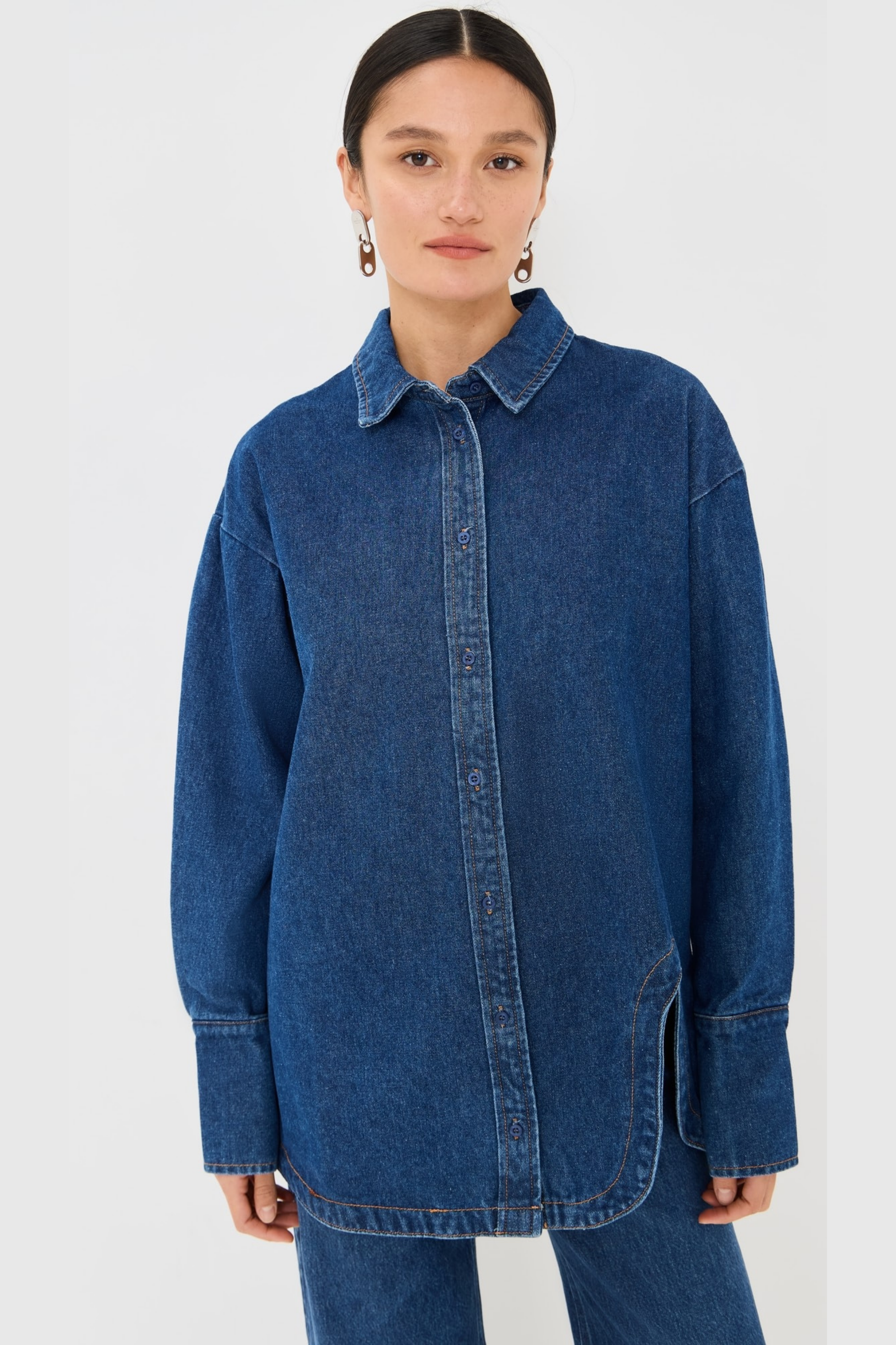 Koyu Mavi Regular Kalıp Gömlek & Bol Paça Pantolon Denim Takım.