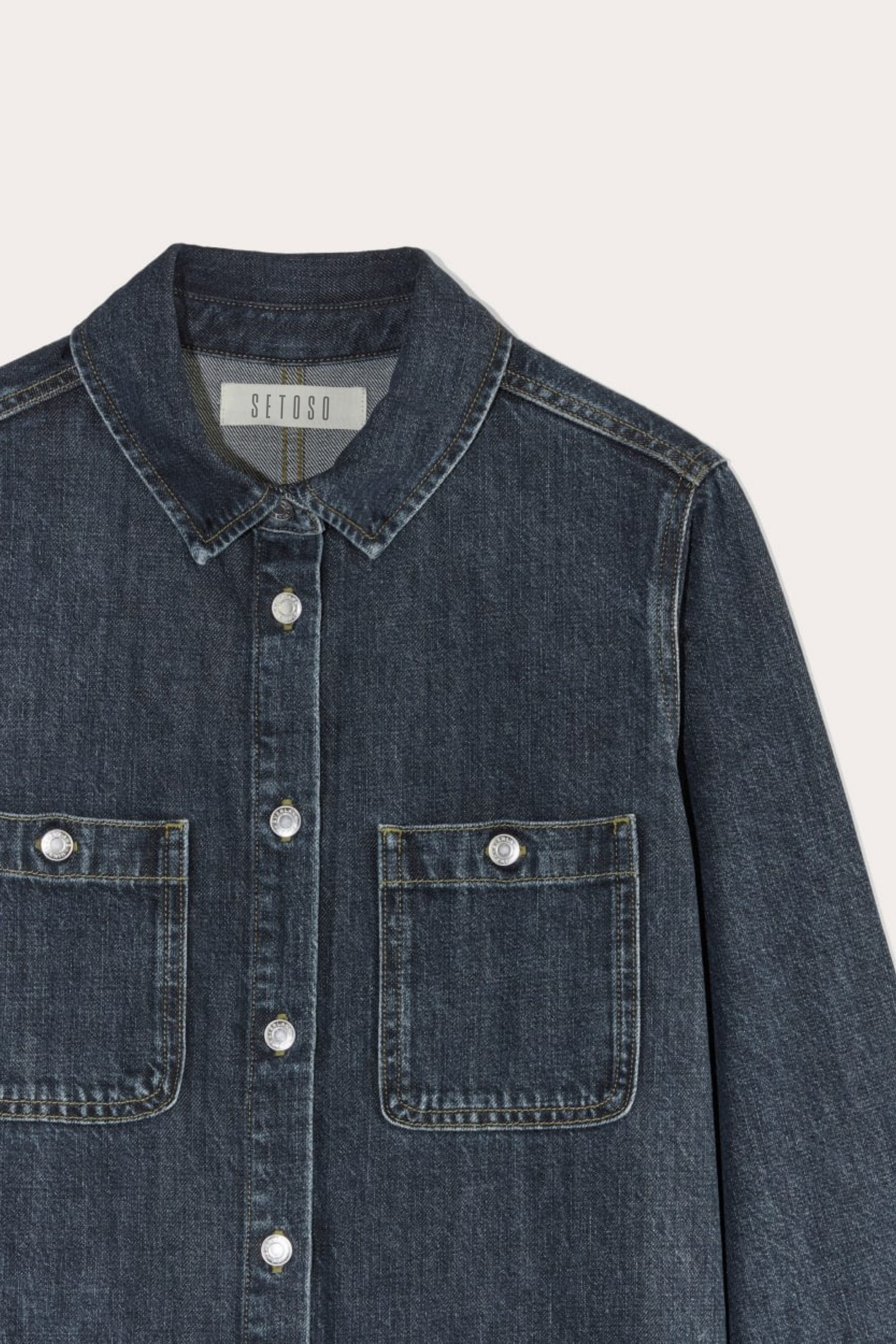 Koyu İndigo Metal Düğmeli Midi Denim Gömlek Elbise - Modern Kesim Koyu Yıkama Kot Gömlek Elbise.