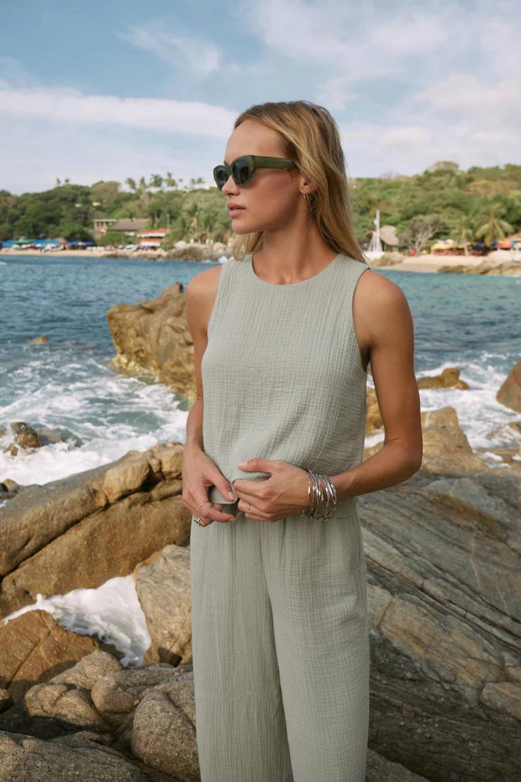 Müslin Kadın Oval Yaka Bluz ve Pantolon Seti – Plaj, Tekne & Günlük Kullanım