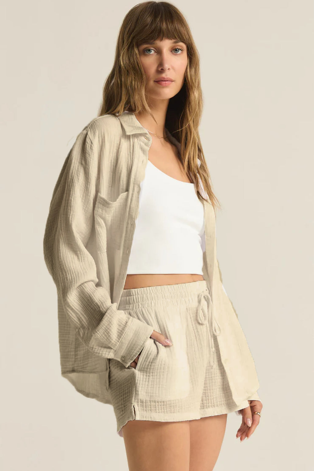 Pamuk Müslin Kadın Gömlek ve Lastikli Şort Seti - 2 Kat Müslin Kumaş - Günlük, Plaj